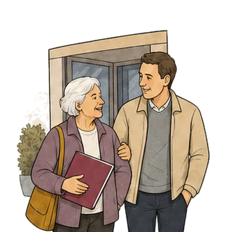 Illustration of an older relative leaving hospital with family support