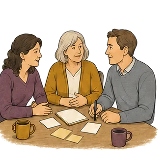 Illustration of a family sharing care tasks around a table
